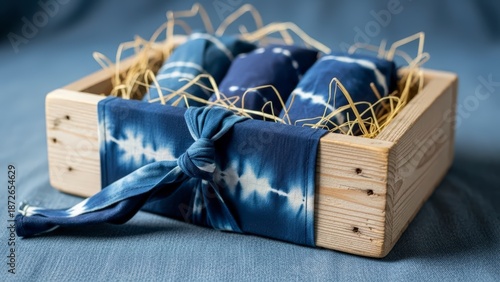 Handmade Indigo Shibori Dyed Eggs in Wooden Box with Furoshiki Fabric.