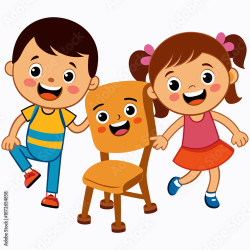 Cartoon happy children playing musical chairs vector illustration. Kids excitedly walking around the chairs vector illustration. Fun and childhood concept. Isolated on white ..