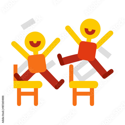 Cartoon happy children playing musical chairs vector illustration. Kids excitedly walking around the chairs vector illustration. Fun and childhood concept. Isolated on white ..
