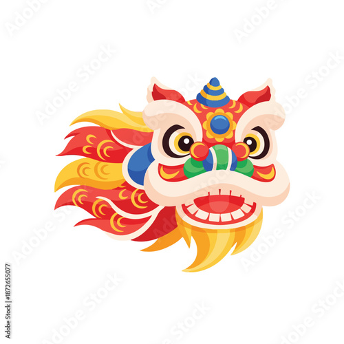 A colorful digital illustration of a lion dance head with intricate designs and vibrant red, orange, and yellow hues on a white background. Perfect for Chinese New Year, cultural festivals,