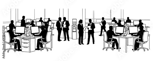 Busy Open Plan Office Scene With Silhouette Business People Working And Discussing Illustration