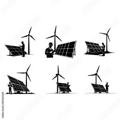 Set Of Renewable Energy Engineers Inspecting Solar Panels And Wind Turbines Illustration