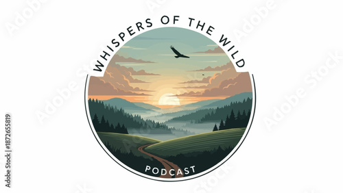 Whispers of the Wild Podcast Logo with Eagle Flying Over Mountains.