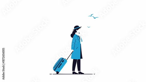 Woman with suitcase ready for travel adventure.