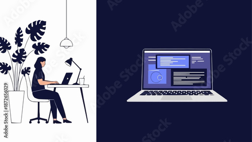 Woman working on laptop at desk with plants and lamp.