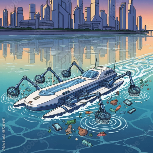 Robot collecting ocean plastic pollution.