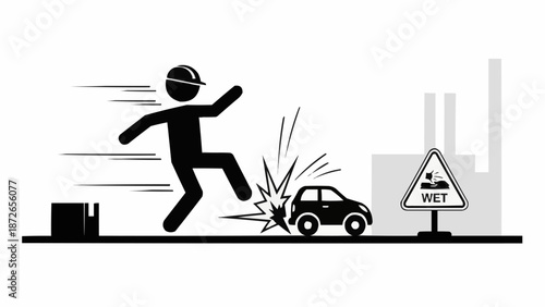 Worker Accidentally Kicks Car Causing Damage and Injury.