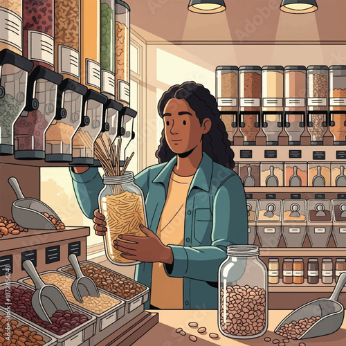 Woman holding jar of cereal grains.