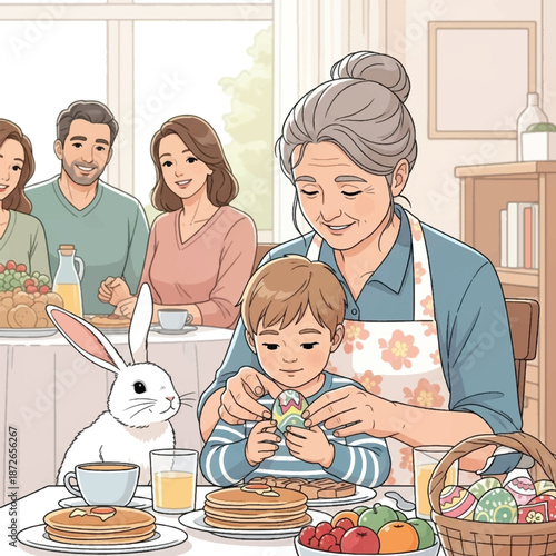 Woman and child decorating Easter eggs.