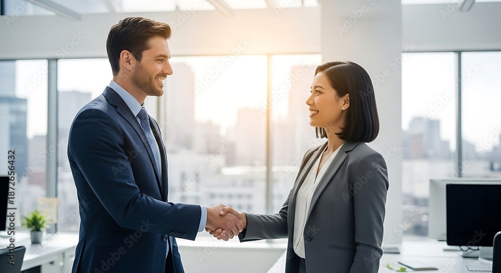 Fototapeta premium Two Business Professionals Shaking Hands in a Modern Office Setting.