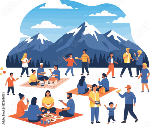 A vibrant vector illustration of diverse people enjoying a picnic in a scenic mountain setting on Seward's Day, surrounded by majestic snow-capped mountains and lush trees under a bright