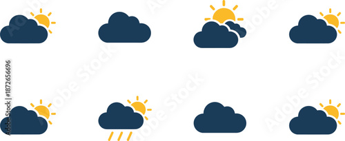 Set of weather icons featuring sun and clouds for meteorology forecasts sunny intervals and seasonal climate report designs.