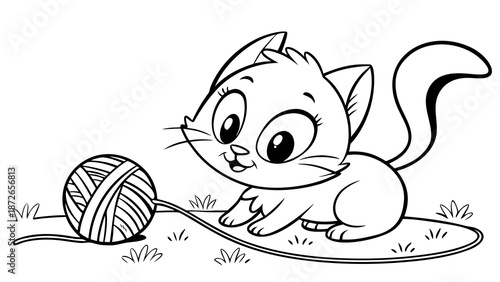 Cartoon-style kitten playing with yarn, clean outlines for coloring