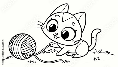 Cartoon-style kitten playing with yarn, clean outlines for coloring