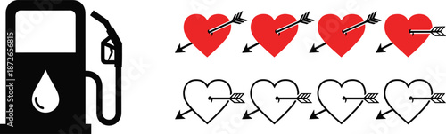 Gas pump icon and heart with arrow symbols set, fuel station graphic and love arrow illustrations for decals and designs