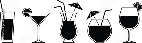 Set of summer cocktail and tropical drink icons in black silhouette style including martini glasses with umbrellas and straws.