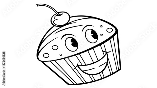 Cupcake with smiling face, vector line art for kids