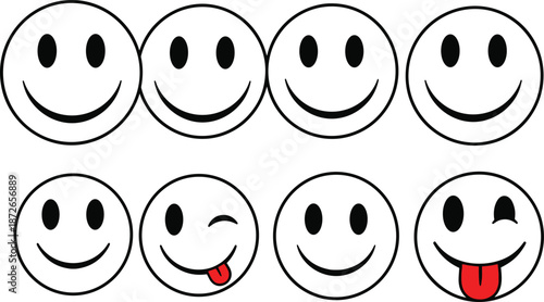 Smiley face emoji icon set with cute expressions, winking faces, tongue-out emoticons for stickers, planners, and digital design