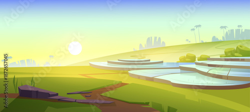 Minimalist Rice Terrace Landscape at Sunrise in Tropical Asian Countryside