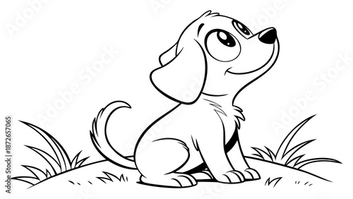 Cute puppy with big eyes, sitting happily, simple vector line art