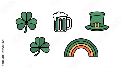 St. Patrick's Day Symbols: Shamrocks, Beer Mug, Hat, and Rainbow.