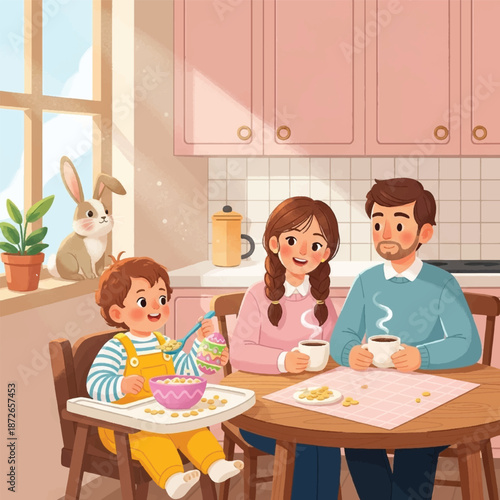 Family eating breakfast together at home.