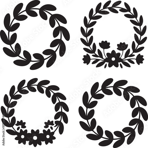 lack Floral Wreath Silhouettes – Botanical Vector Set of Decorative Circle Frames 