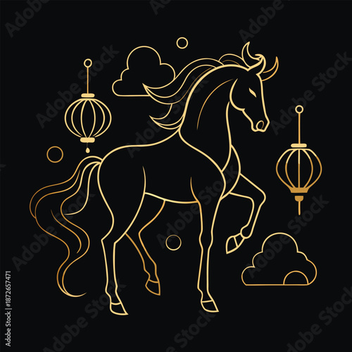 AdGolden horse illustration with lanterns and clouds on a dark background
obe Illustrator Artwork