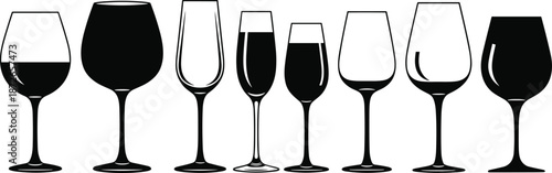 Wine glass silhouette set with assorted stemware shapes for bar decor, kitchen designs, crafts, and drink illustrations
