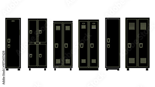 A set of black lockers with silver handles on a white background