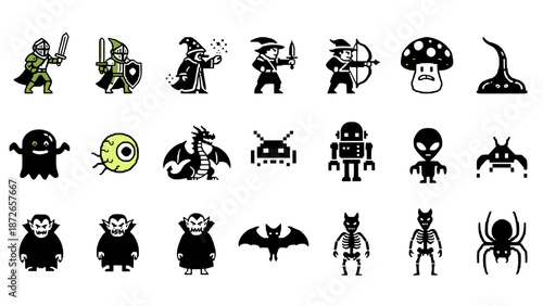 A collection of fantasy creature icons in a minimalist design style