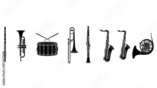 A set of musical instruments in a flat, minimalist vector illustration style