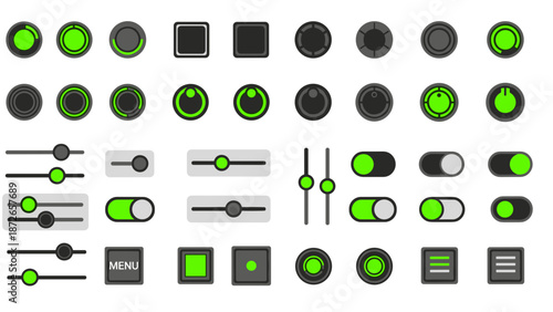 A collection of green and black interface control vector graphics and icons