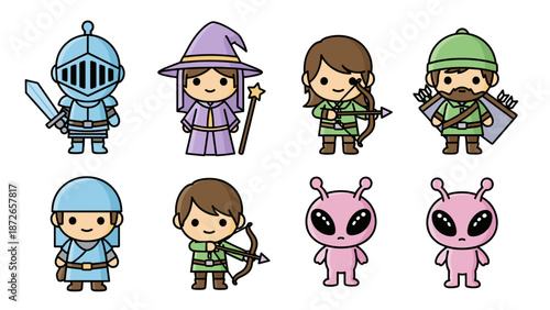 A colorful vector graphic illustration of fantasy characters and aliens in a cartoon style