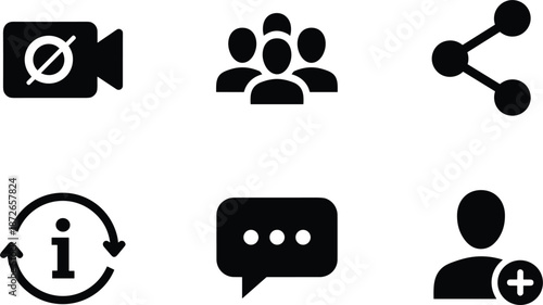 Set of black solid icons for social interaction featuring video camera off people group sharing information and user add symbols.