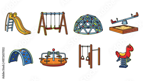 A colorful vector illustration of various playground equipment on a white background