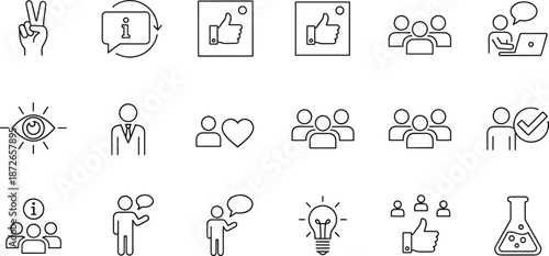 Large set of social media and business communication icons featuring thumbs up like buttons team collaboration speech bubbles and information symbols.