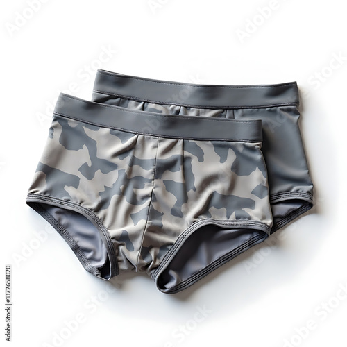 Two Camouflage Swim Briefs Laying Flat on White Surface