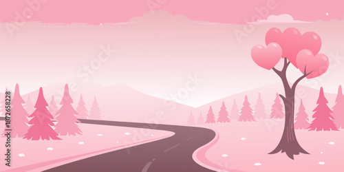 A winding road through a pink landscape with heart shaped trees