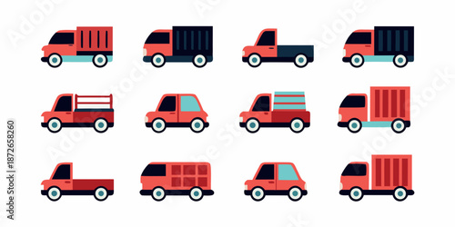 Colorful collection of flat design delivery trucks and cargo vans illustration