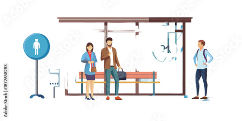 People waiting at a bus stop with a restroom sign nearby