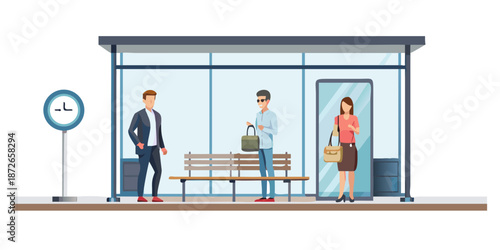 People waiting at a bus stop shelter urban transportation scene