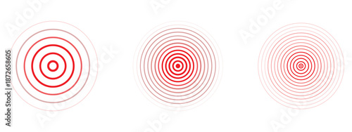 Red concentric ripple circles icon set vector. Radial signal, vibration elements. pain, signal, target symbol. vector illustration.