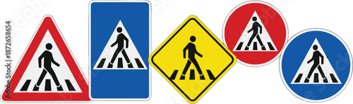 Pedestrian crossing traffic sign icons featuring crosswalk symbols in red, blue, and yellow for road safety and warning designs