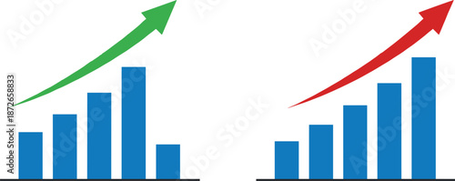 Upward growth chart icons with rising bar graphs and trend arrows for business analytics, statistics, finance, and marketing visuals