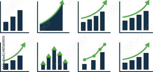 Business growth chart icons set with rising bars and arrow graphs for analytics, statistics, data visualization, and performance metrics