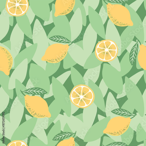 A vibrant seamless pattern featuring lemons and green leaves on a light background