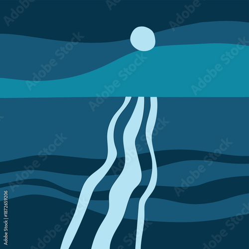 Abstract seascape with a bright moon and flowing wavy lines below