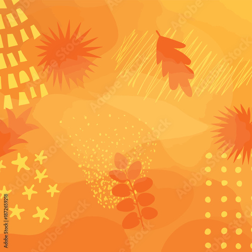 Abstract autumnal background with leaves bursts and textured orange shapes