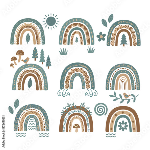 A charming collection of pastel rainbows trees and nature elements for decoration